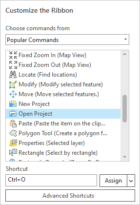 Command window with Open Project command selected