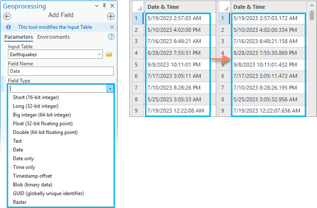 Add Field geoprocessing tool next to a table with a high precision date field