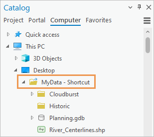 Folder shortcut on the Computer tab of the Catalog pane