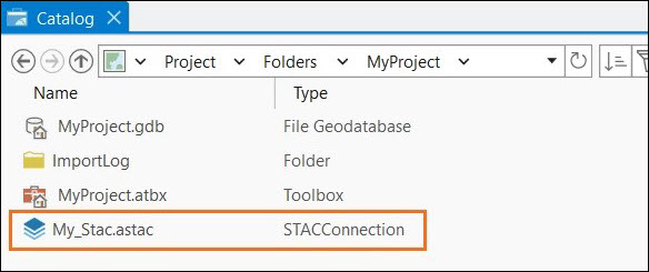 STAC connection in the Catalog pane