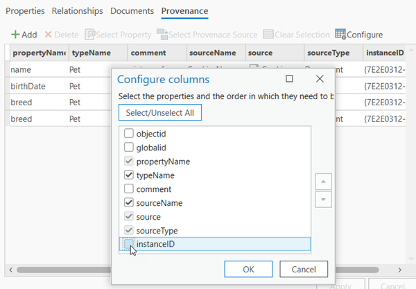 Properties are checked and unchecked in the Configure columns dialog box.