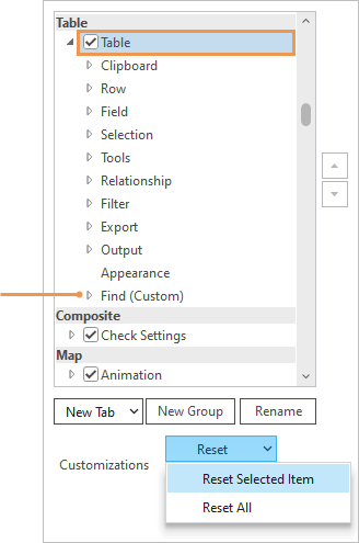 Selected tab containing a custom group with the Reset Selected Item command highlighted