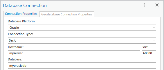 Connection to an Oracle database using Easy Connect information for a server named myserver and service name myoracledb using a nondefault port of 60000