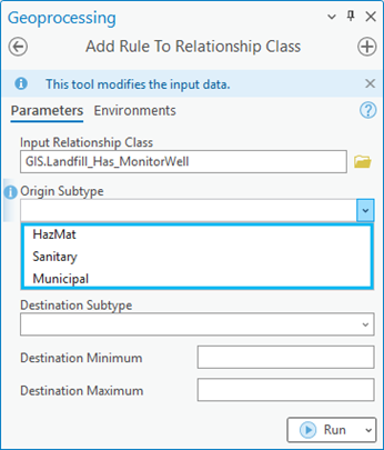 Add Rule To Relationship Class geoprocessing tool dialog box