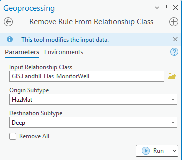 Remove Rule From Relationship Class geoprocessing tool dialog box