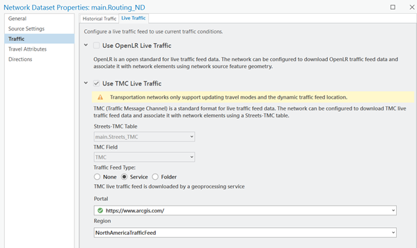 Network Dataset Properties dialog box for main.Routing_ND showing Use TMC Live Traffic settings
