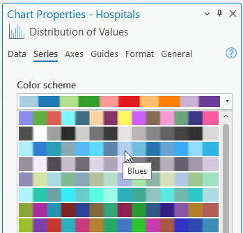 Chart Properties pane showing the Color scheme drop-down list on the Series tab Chart Properties pane showing the Color scheme drop-down list on the Series tab