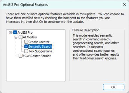 ArcGIS Pro Optional Features dialog box ArcGIS Pro Optional Features dialog box