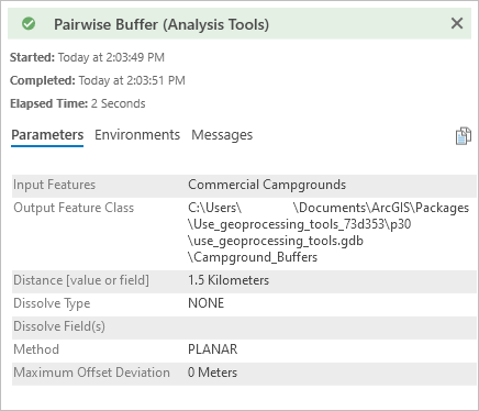 Message window with Pairwise Buffer tool details