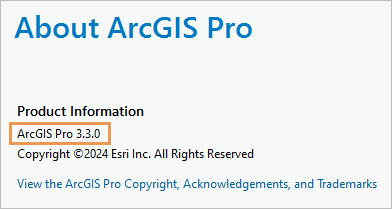 Product version displayed on the About ArcGIS Pro page