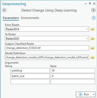 Detect Change Using Deep Learning tool parameters