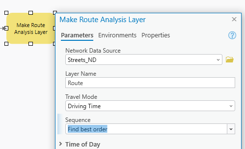 Make Route Analysis Layer tool dialog box with the Sequence parameter set to Find best order Make Route Analysis Layer tool dialog box with the Sequence parameter set to Find best order