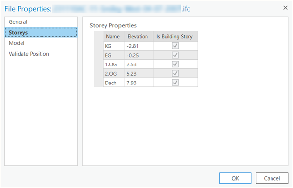 Storeys tab for an IFC file