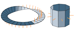Diagram of a mobius strip and a faceted cylinder with one-sided lighting and normals