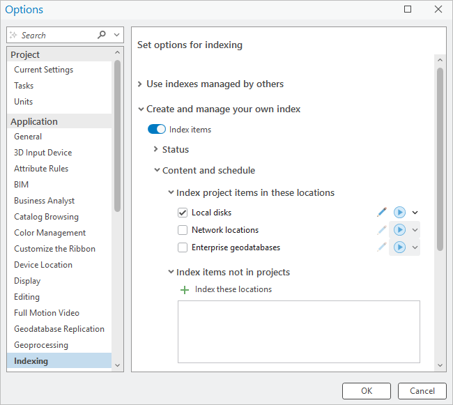 Indexing page on the Options dialog box Indexing page on the Options dialog box