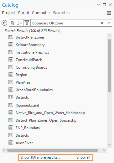 Links to show more search results or all results at the bottom of the Catalog pane Links to show more search results or all results at the bottom of the Catalog pane