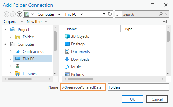 A folder connection added with a UNC path.
