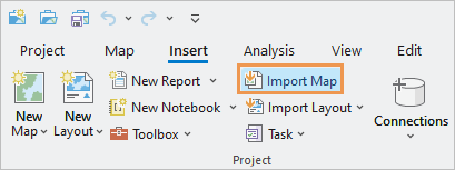The ArcGIS Pro ribbon showing the Import Map command