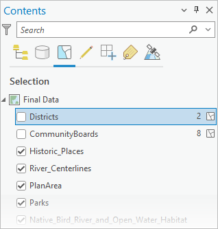Contents pane with items listed by selection