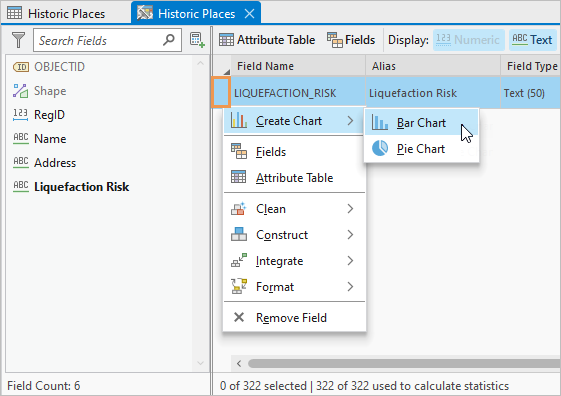Data Engineering view showing drop-down options for the LIQUEFACTION_RISK field