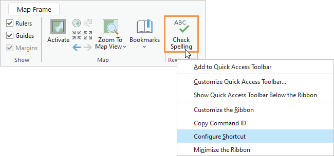 Context menu for a ribbon command with Configure Shortcut highlighted