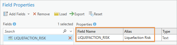 Field Properties dialog box showing the new field name and alias