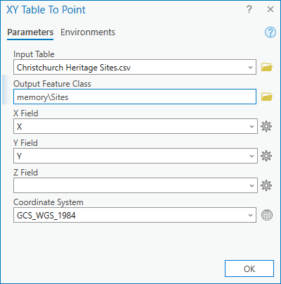 XY Table To Point dialog box
