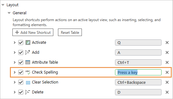 The Check Spelling command in the Keyboard Shortcuts dialog box