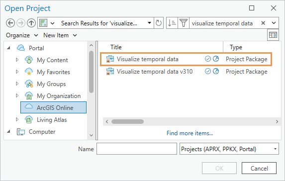Open Project dialog box showing selected project package