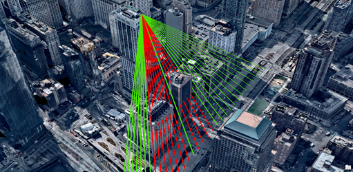 Un análisis de visibilidad desde un punto de visualización desde un rascacielos hasta la superficie