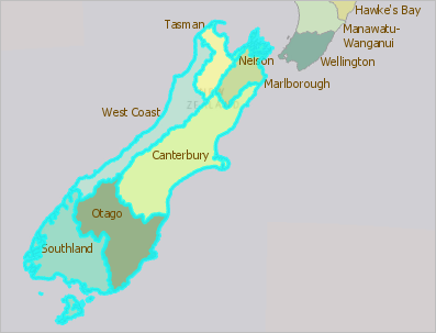 Régions de l’île du Sud sélectionnées sur la carte.