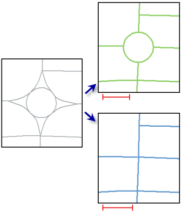 有关使用不同折叠距离的“折叠道路详细信息”工具结果的两个示例