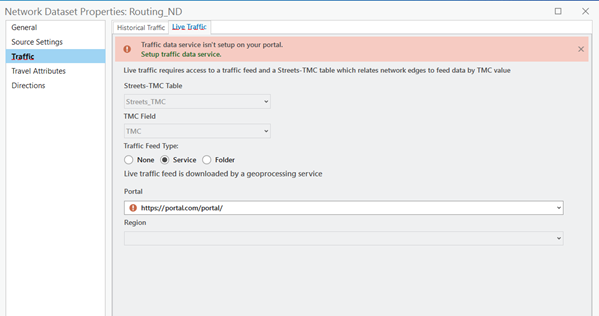Network Dataset Properties dialog box for Routing_ND showing Live Traffic settings Network Dataset Properties dialog box for Routing_ND showing Live Traffic settings
