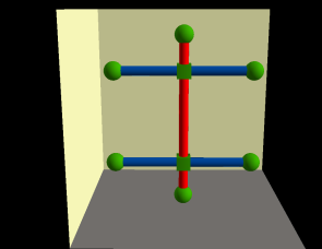 Red line feature intersecting two parallel blue line features in three-dimensional space Red line feature intersecting two parallel blue line features in three-dimensional space