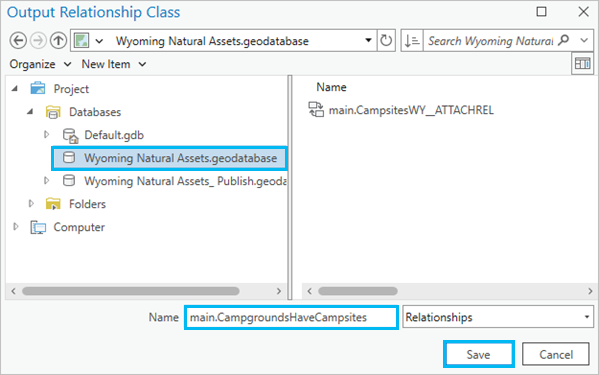 From the Output Relationship Class dialog box, browse to the geodatabase where the relationship class will be stored. From the Output Relationship Class dialog box, browse to the geodatabase where the relationship class will be stored.