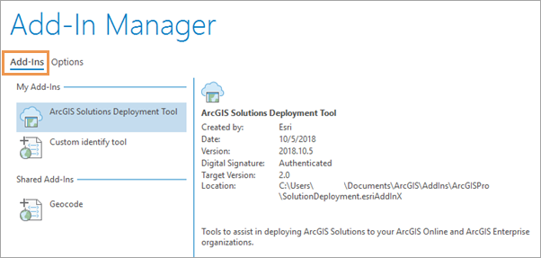 Registerkarte "Add-Ins" auf der Seite "Add-In-Manager"