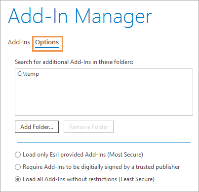 Registerkartenoptionen der Seite "Add-In-Manager"