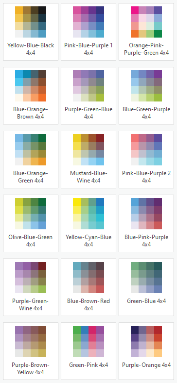 4x4-Gitternetzversionen neuer Farbschemas, die zur Unterstützung der bivariaten Farbsymbolisierung hinzugefügt wurden
