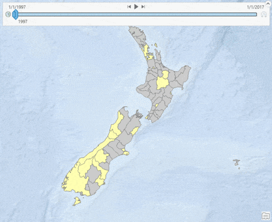 Karte von Neuseeland mit einem Layer mit aktivierten Zeiteigenschaften