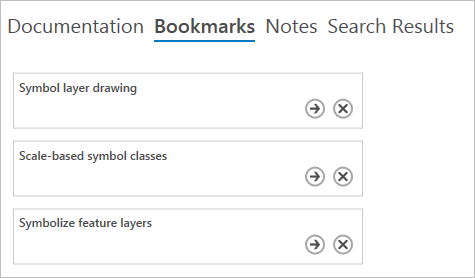 Liste der Lesezeichen auf der Registerkarte "Lesezeichen" im ArcGIS Pro-Hilfe-Viewer