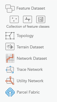 Unterstützte Datentypen innerhalb eines Feature-Datasets in ArcGIS Pro.