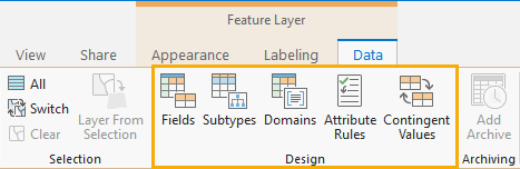 Die Schaltflächen der Ansichten "Felder", "Subtypes" und "Domänen" auf dem Menüband "Daten"