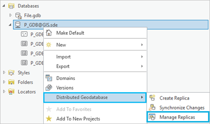 Der Befehl "Replikate verwalten" im Kontextmenü "Verteilte Geodatabase".