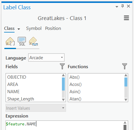 The label class expression pane for a feature layer.