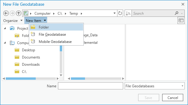 Dialogfeld "Durchsuchen" mit ausgewähltem Dropdown-Menü "Neues Element"