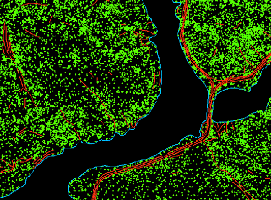 Grüne Punkte stellen den Inhalt einer Multipoint-Feature-Class von LIDAR-Beobachtungen dar