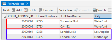 Attributtabelle "PointAddress" mit dem Feld POINT_ADDRESS_ID zum Verknüpfen doppelter Features für die gleiche Position