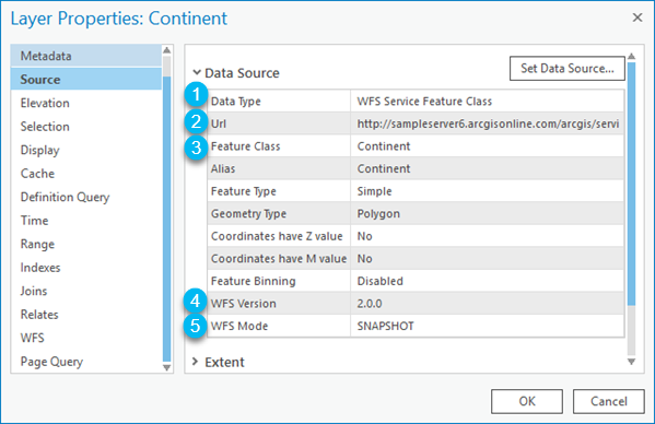 Datenquelleneigenschaften des WFS-Layers wie URL, WFS-Version und WFS-Modus.