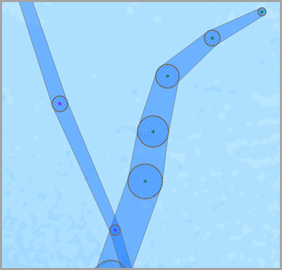 Eingabepunkte (grün), Zwischenpuffer für Visualisierung (blaue Schraffur) und resultierendem polygonalem Track (blau)