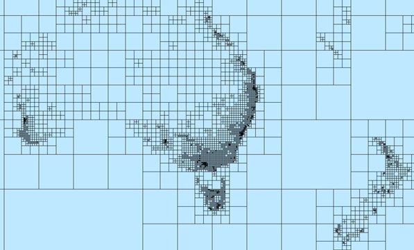Netz aus Vektorkachel-Index-Polygonen in mehreren Maßstäben, die Australien und Neuseeland abdecken